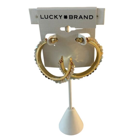 Neutral Stone Gold Tone Hoop Earrings. - Picture 1 of 5